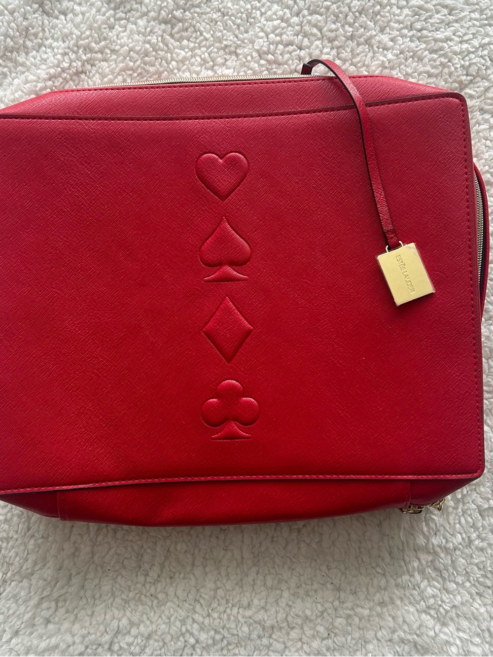 Estee Lauder Red Embossed Card Suit Shoulder Bag with Gold Tag